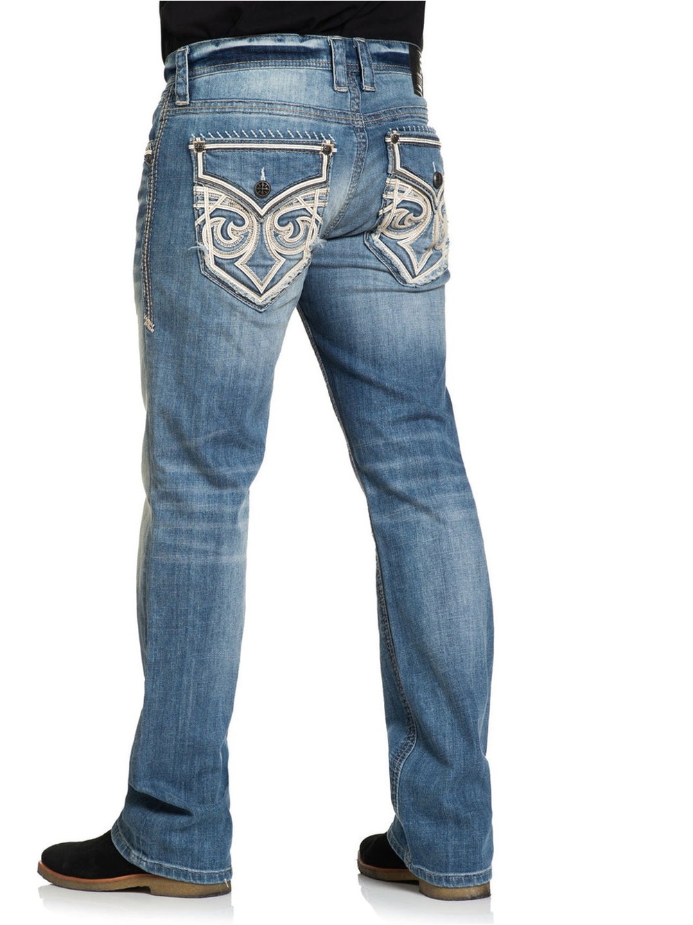 Affliction BLAKE Straight-Fit Light Blue Embroidered Pockets Jeans